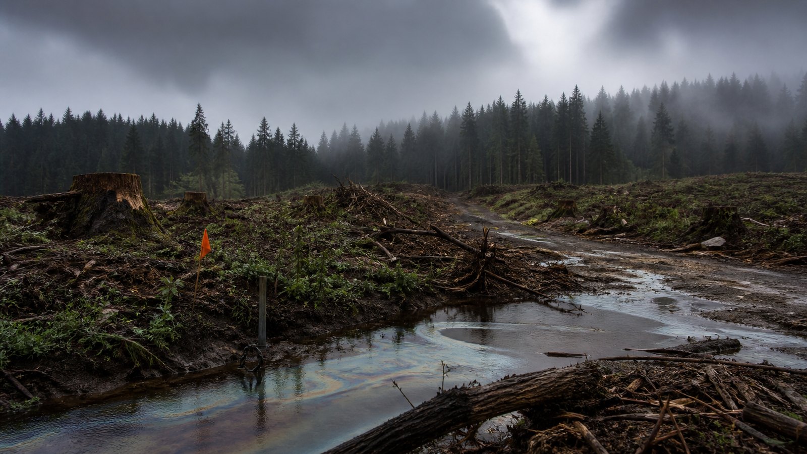 Recently logged forest with stumps, muddy runoff, and a small warning marker