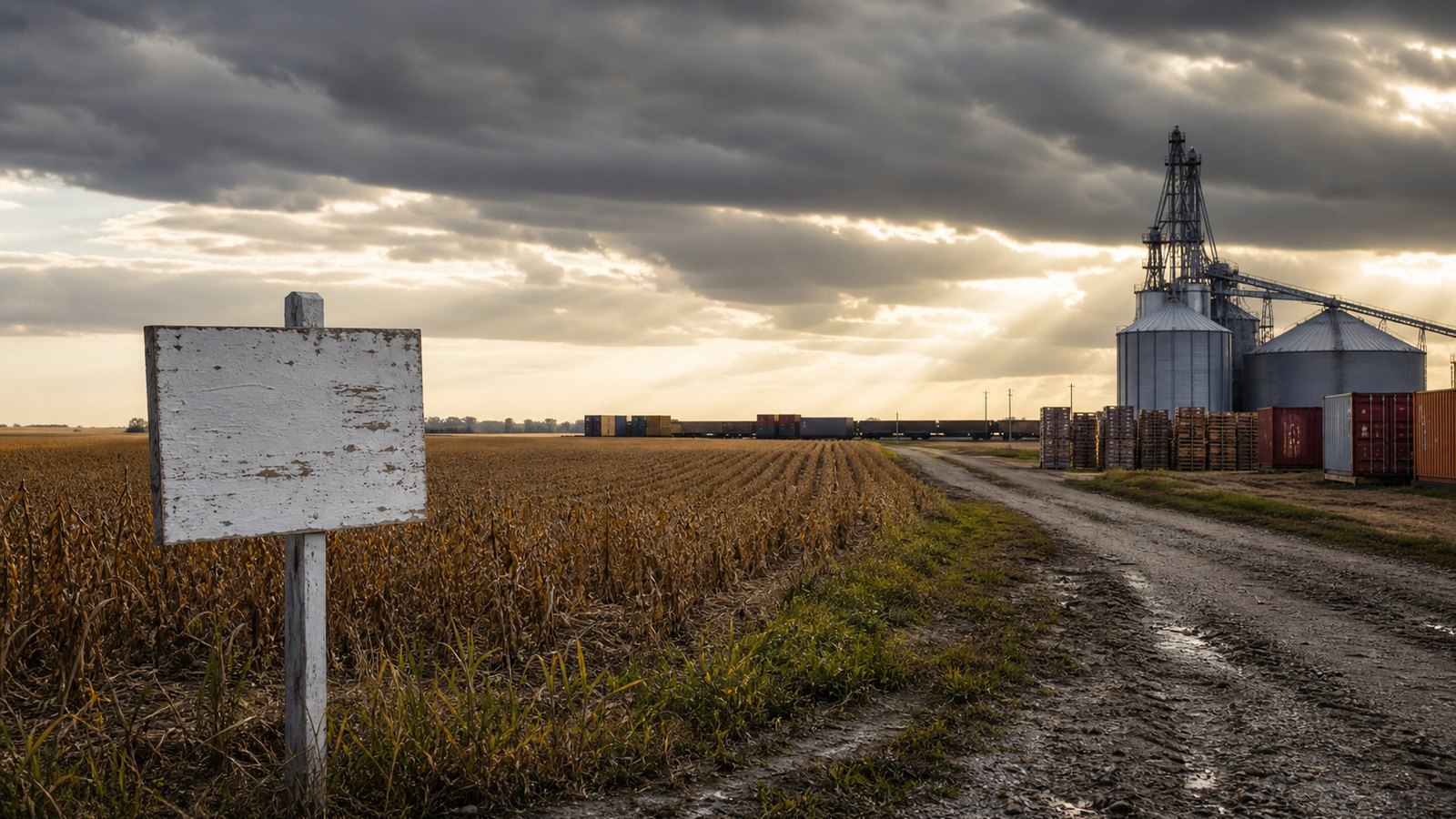 Stormy soybean field with a blank farm-sale sign near a grain elevator